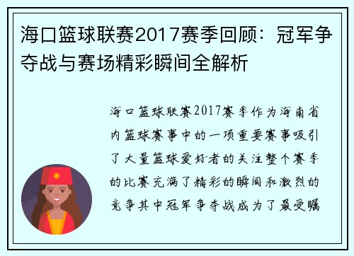 海口篮球联赛2017赛季回顾：冠军争夺战与赛场精彩瞬间全解析