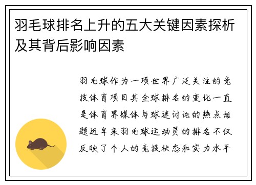 羽毛球排名上升的五大关键因素探析及其背后影响因素
