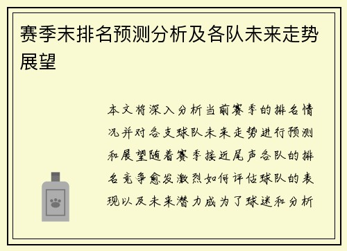 赛季末排名预测分析及各队未来走势展望